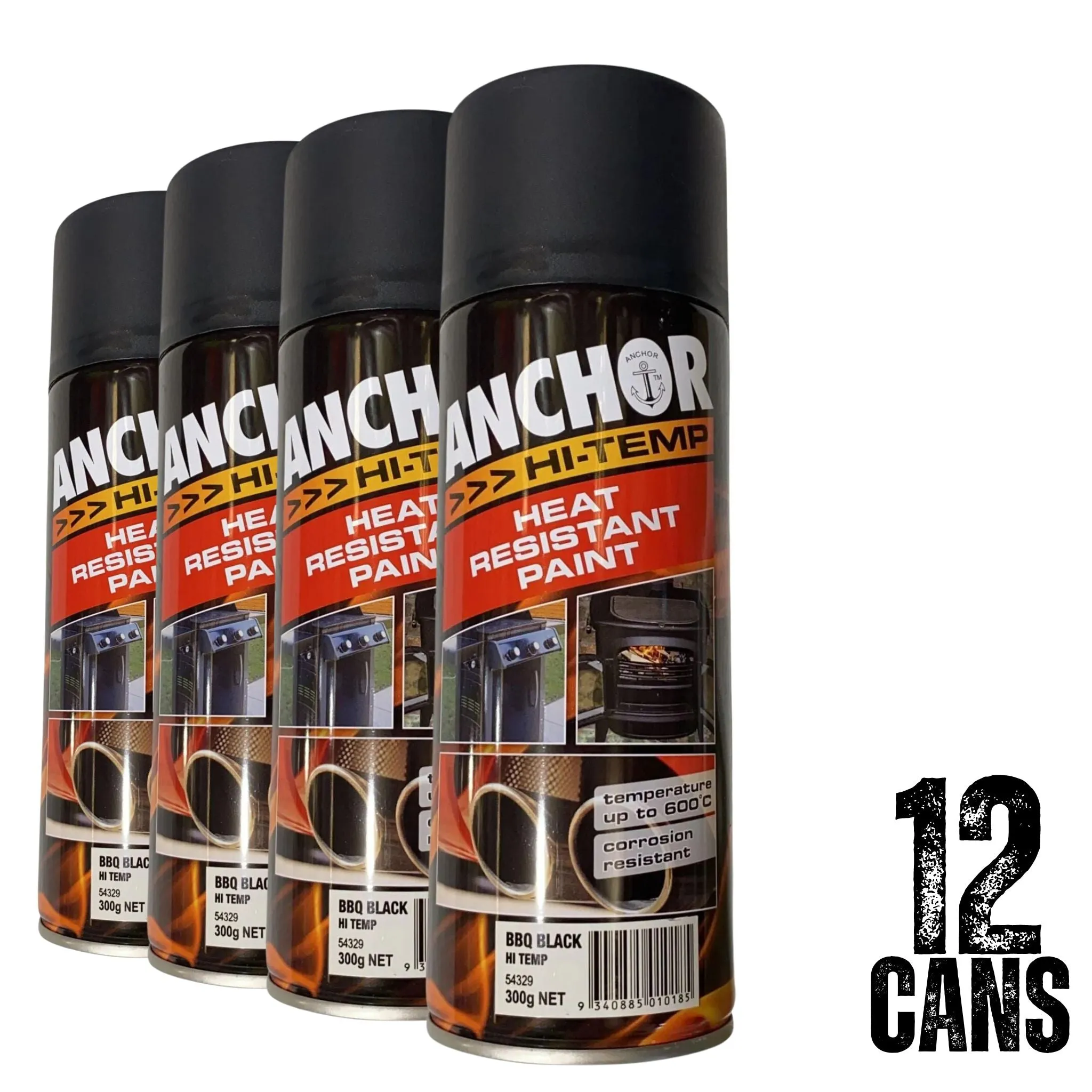 12 Cans | ANCHOR HI TEMP HEAT RESISTANT PAINT 54329  | Up to 600° | 300g - MATTE BBQ BLACK