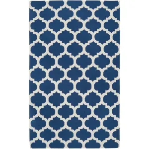3'6" x 5'6" Blue White Trellis Area Rug in Premium Flat Woven Wool Handmade