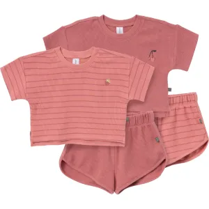 4-Piece Infant & Toddler Girls Rose Stripe Drop Shoulder Tops and Shorts Set