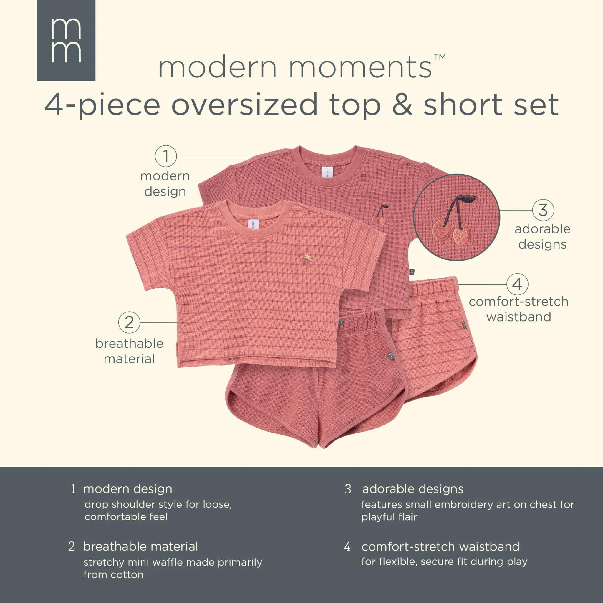 4-Piece Infant & Toddler Girls Rose Stripe Drop Shoulder Tops and Shorts Set