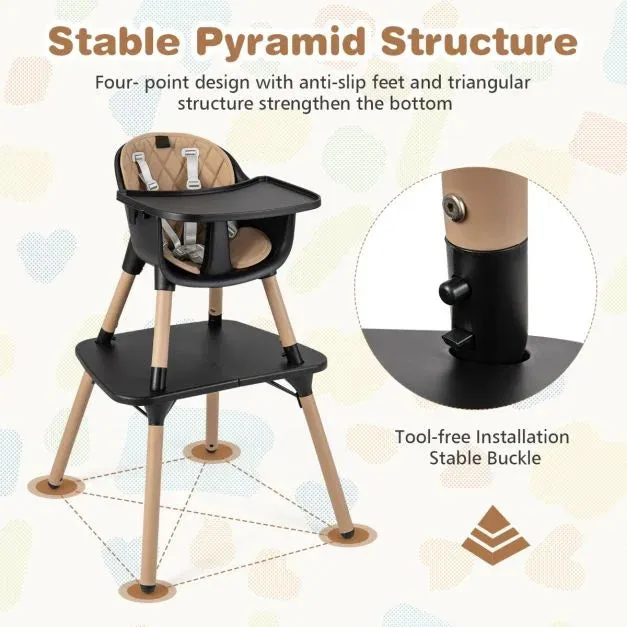 5-In-1 Wooden Baby High Chair & Childrens Table & Chair | 5 Point Harness | Black & Beige | 6m - 3 Years
