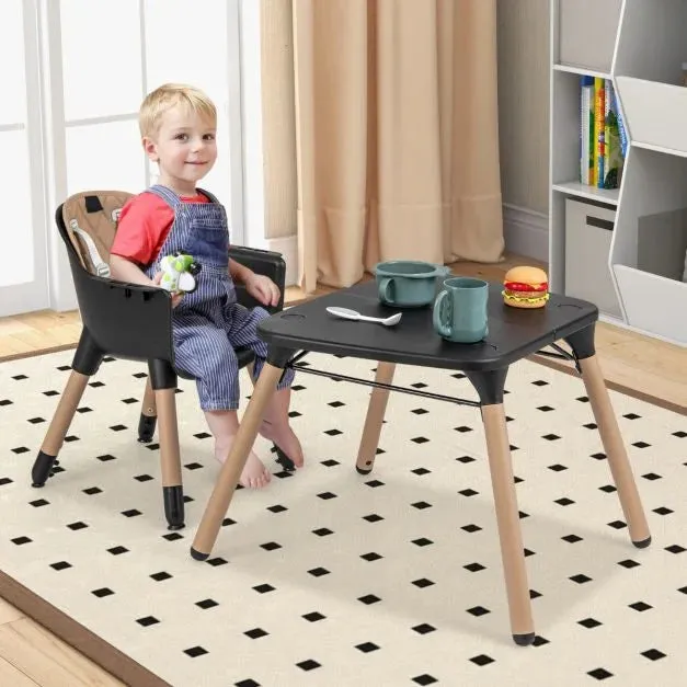5-In-1 Wooden Baby High Chair & Childrens Table & Chair | 5 Point Harness | Black & Beige | 6m - 3 Years