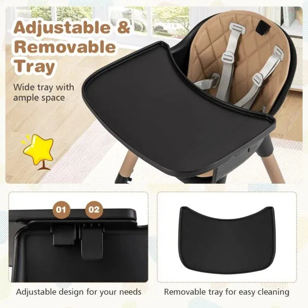 5-In-1 Wooden Baby High Chair & Childrens Table & Chair | 5 Point Harness | Black & Beige | 6m - 3 Years