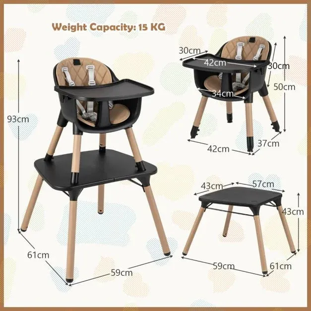5-In-1 Wooden Baby High Chair & Childrens Table & Chair | 5 Point Harness | Black & Beige | 6m - 3 Years