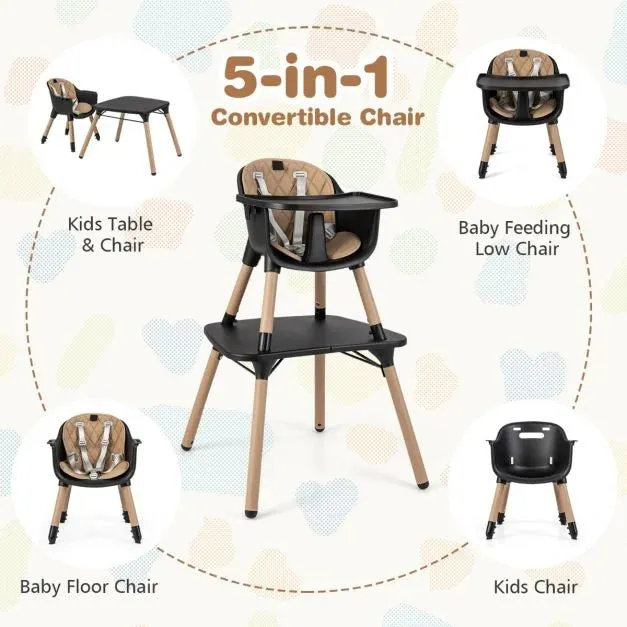 5-In-1 Wooden Baby High Chair & Childrens Table & Chair | 5 Point Harness | Black & Beige | 6m - 3 Years