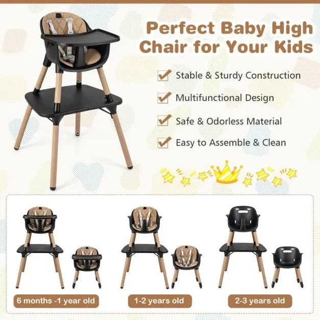 5-In-1 Wooden Baby High Chair & Childrens Table & Chair | 5 Point Harness | Black & Beige | 6m - 3 Years
