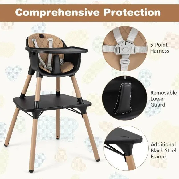 5-In-1 Wooden Baby High Chair & Childrens Table & Chair | 5 Point Harness | Black & Beige | 6m - 3 Years