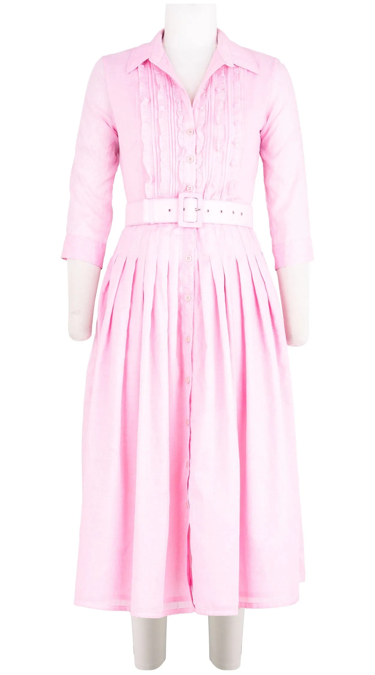 Audrey Dress #4 Shirt Collar Ruffle 3/4 Sleeve Midi Length Cotton Musola (Mini Dots 50)