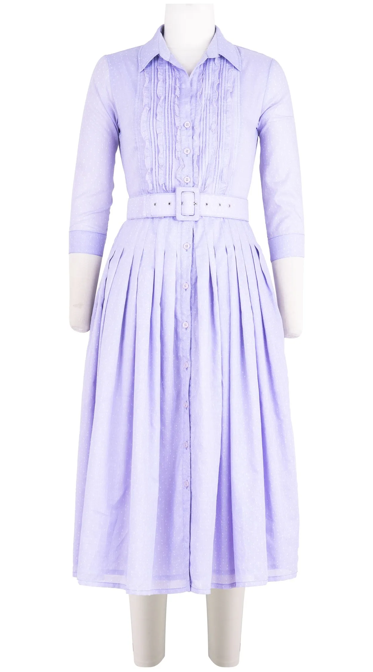 Audrey Dress #4 Shirt Collar Ruffle 3/4 Sleeve Midi Length Cotton Musola (Mini Dots 50)