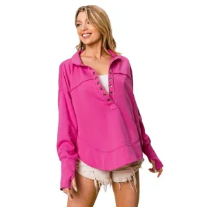 BIBI FUCHSIA PINK VINTAGE WASHED HALF NECK THUMBHOLE CUFF PULLOVER IP8190