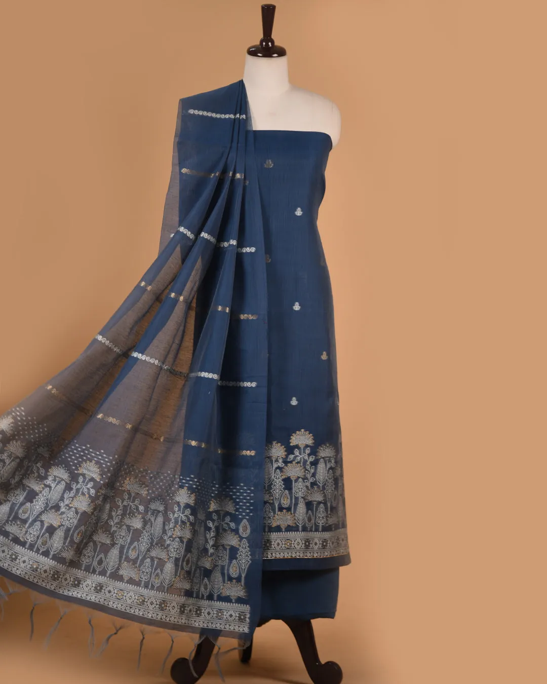 Blue Chanderi Jamdani Woven Unstitched Suit Fabric Set With Chanderi Woven Dupatta
