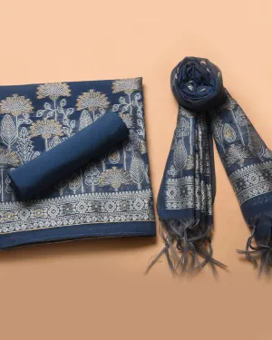 Blue Chanderi Jamdani Woven Unstitched Suit Fabric Set With Chanderi Woven Dupatta