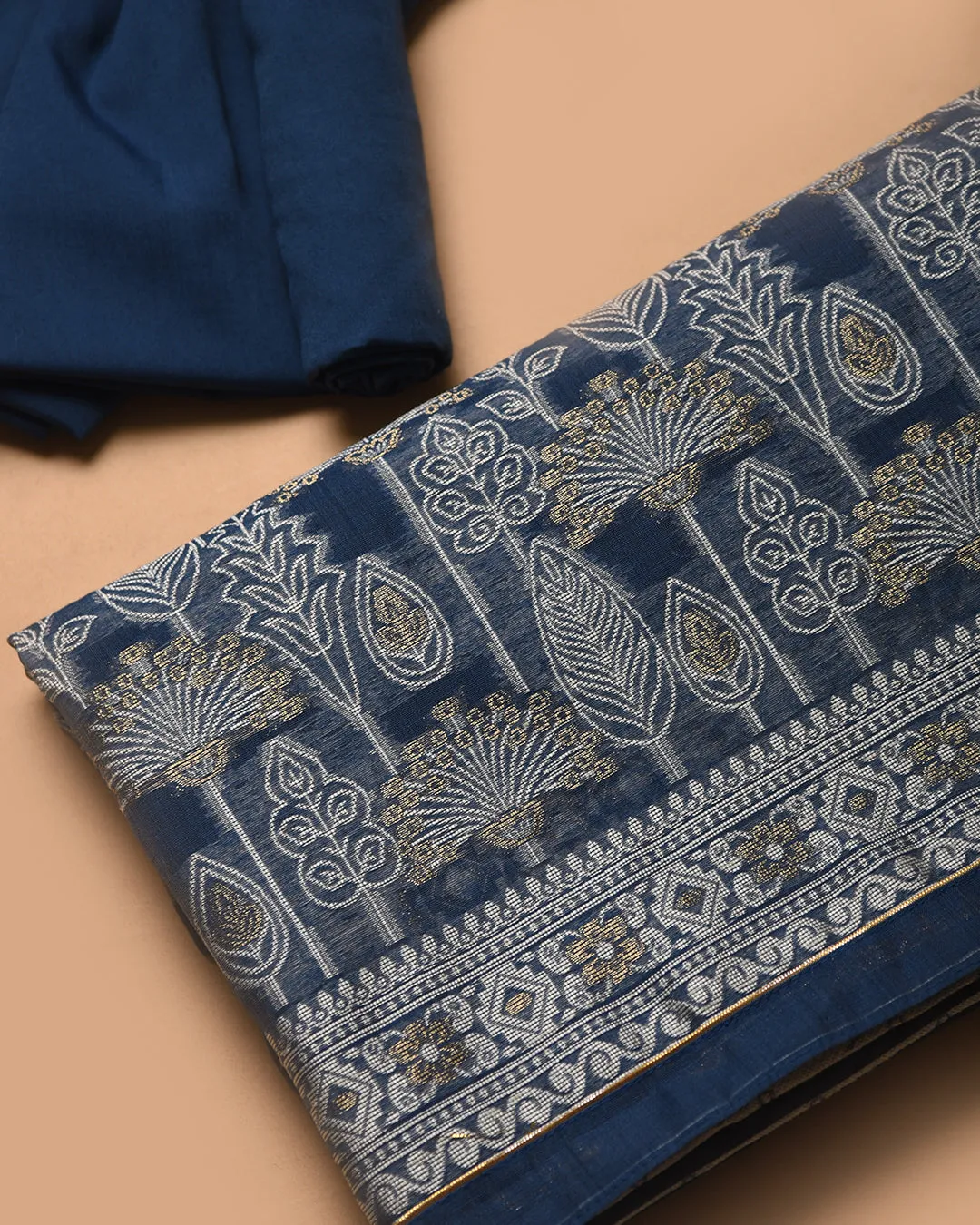 Blue Chanderi Jamdani Woven Unstitched Suit Fabric Set With Chanderi Woven Dupatta