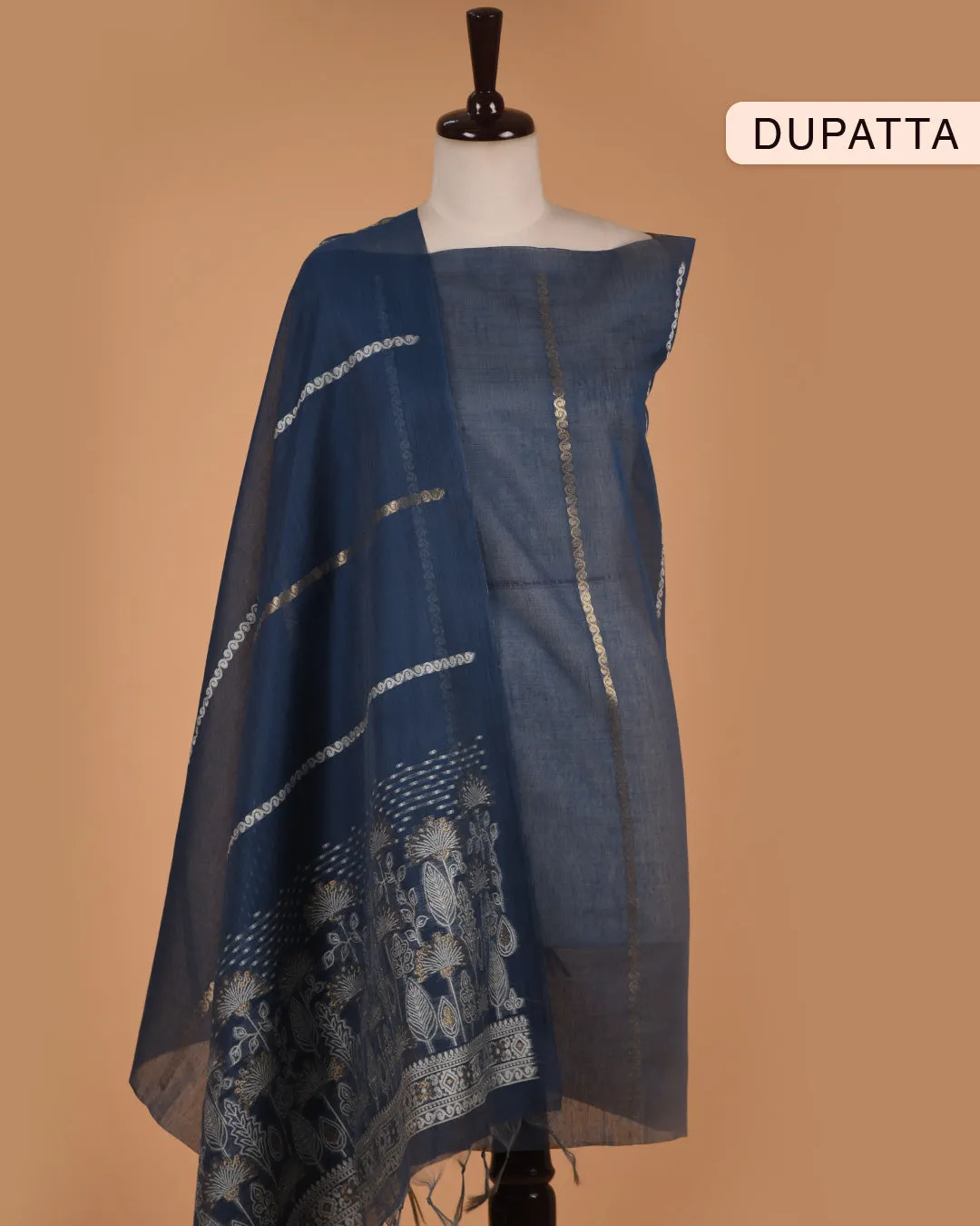 Blue Chanderi Jamdani Woven Unstitched Suit Fabric Set With Chanderi Woven Dupatta