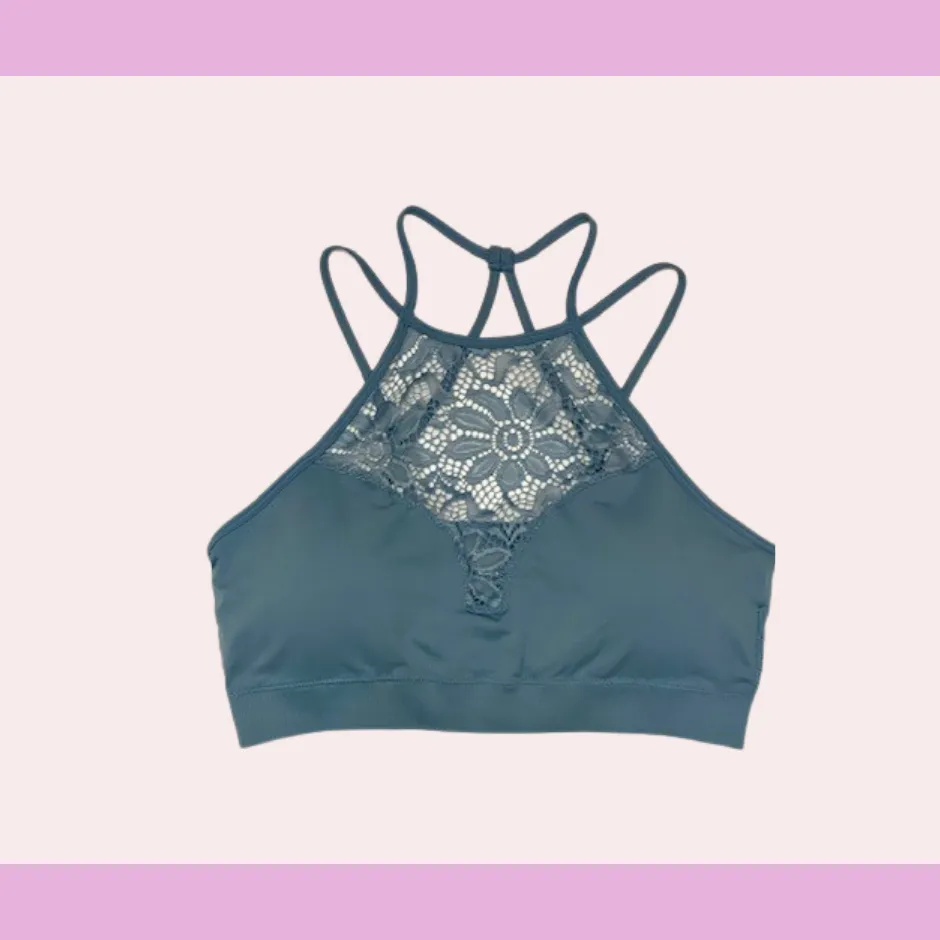 Blue grey high neck lace bralette