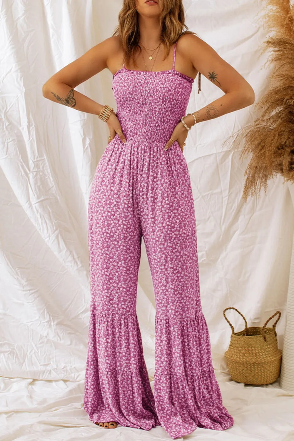 Breezy Smocked Printed Wide Strap Jumpsuit - Online Exclusive