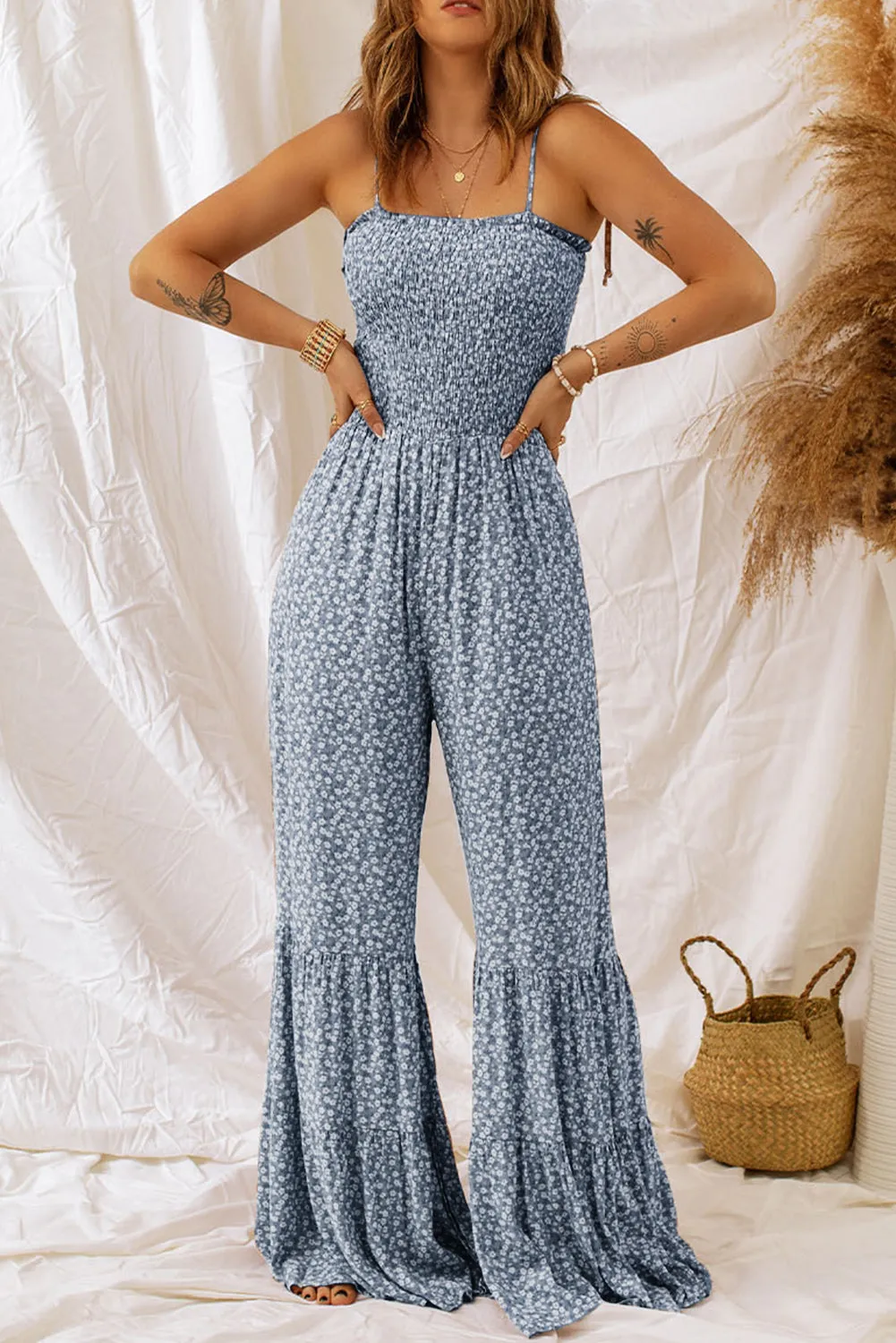 Breezy Smocked Printed Wide Strap Jumpsuit - Online Exclusive