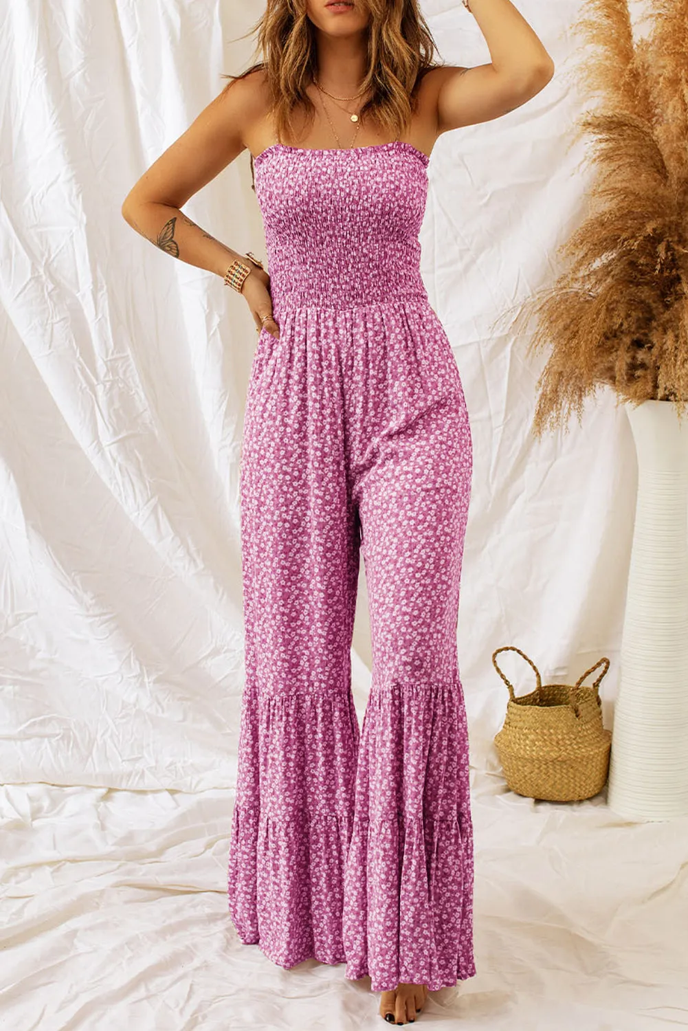 Breezy Smocked Printed Wide Strap Jumpsuit - Online Exclusive