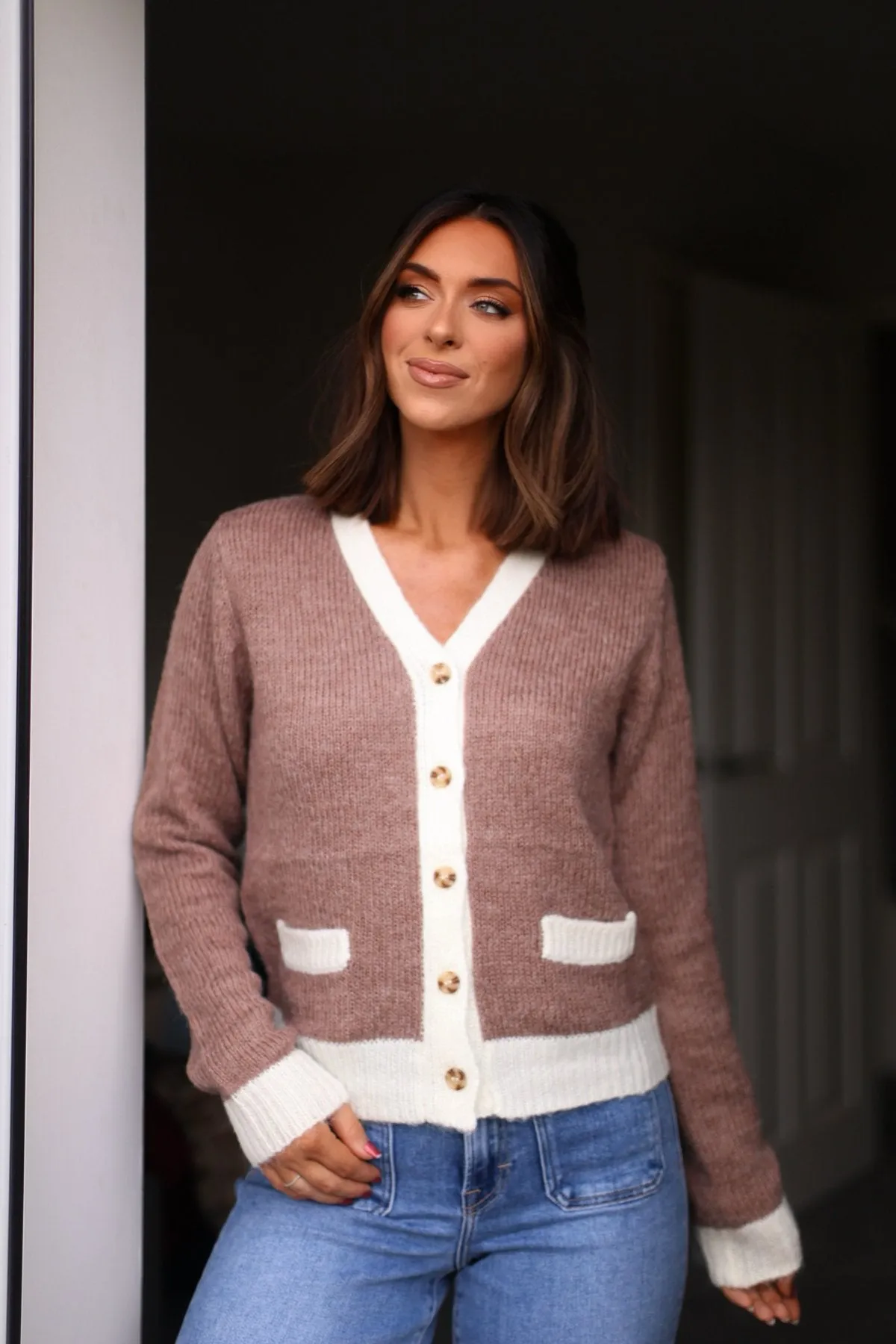 Brown Two Tone Button Up Cardigan - FINAL SALE