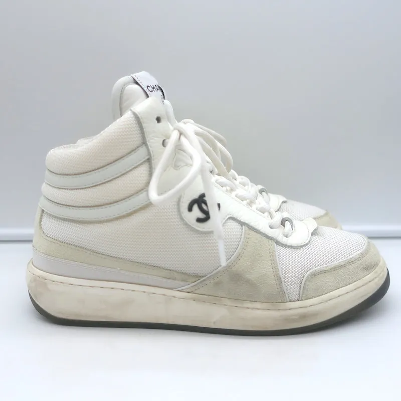 Chanel 22P High Top Sneakers White Mesh & Ecru Suede Size 38