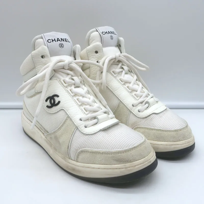 Chanel 22P High Top Sneakers White Mesh & Ecru Suede Size 38