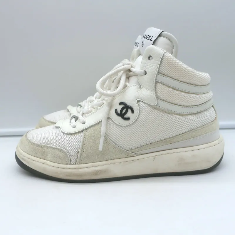 Chanel 22P High Top Sneakers White Mesh & Ecru Suede Size 38