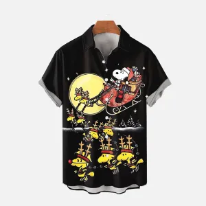 Christmas Eve Fantasy Cartoon Puppy Sled Print Short Sleeve Shirt