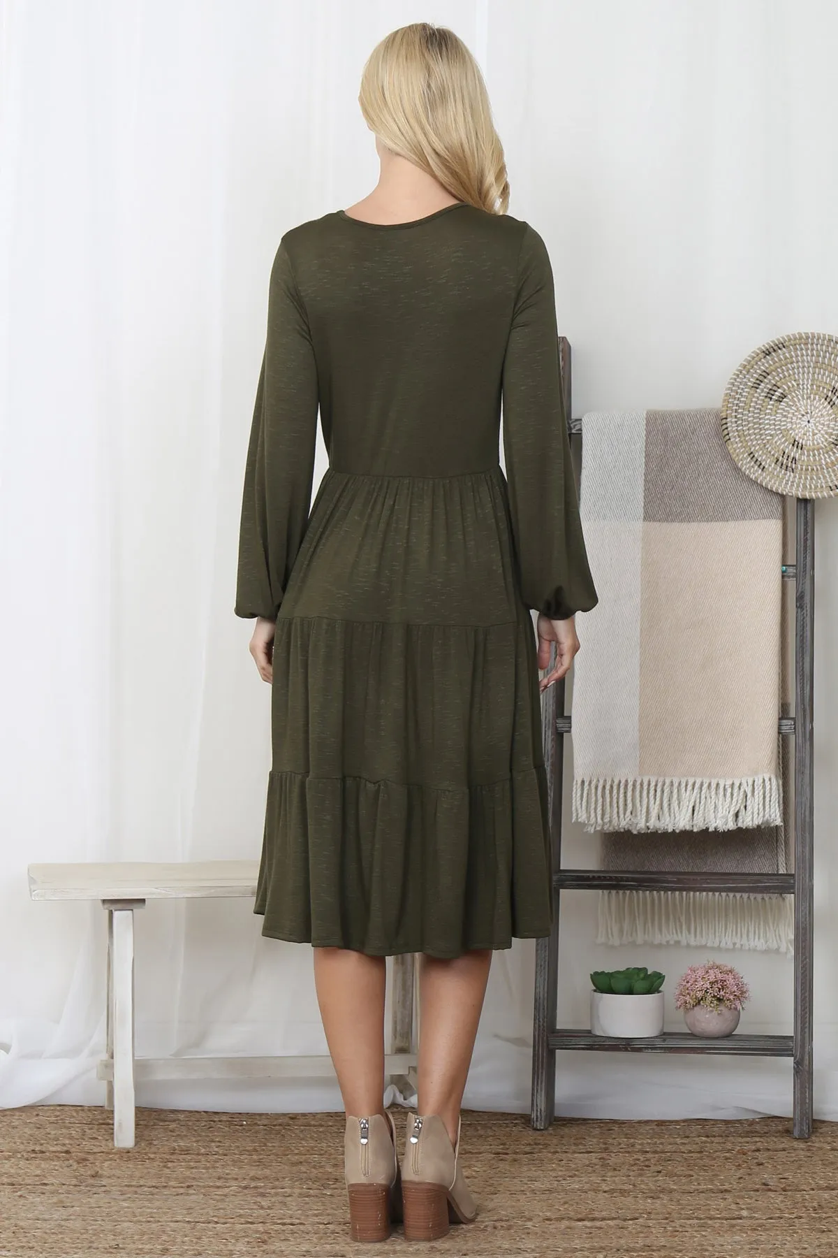 Crepe Long Sleeve Elastic Waist Tiered Dress