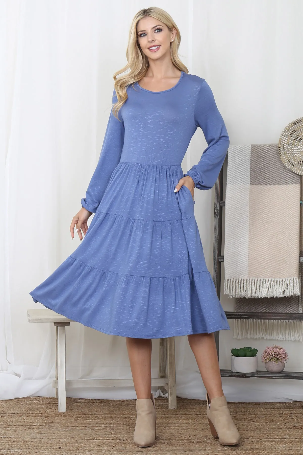 Crepe Long Sleeve Elastic Waist Tiered Dress