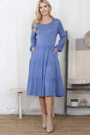 Crepe Long Sleeve Elastic Waist Tiered Dress