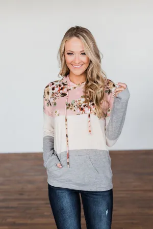 Dance All Day Color Block Hoodie- Pink, Oatmeal, & Grey