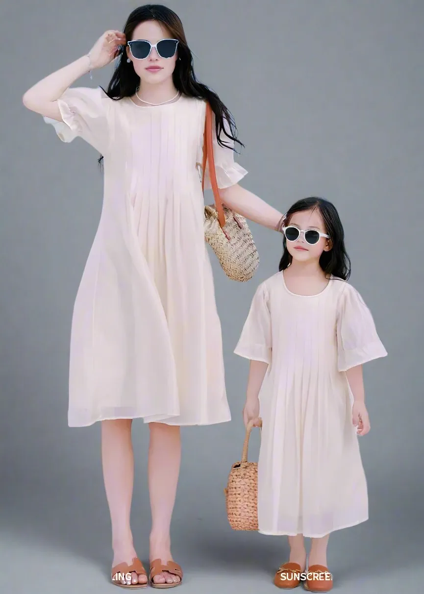 Elegant Beige Chiffon Family Matching Dresses  Mother & Daughter Summer Outfits