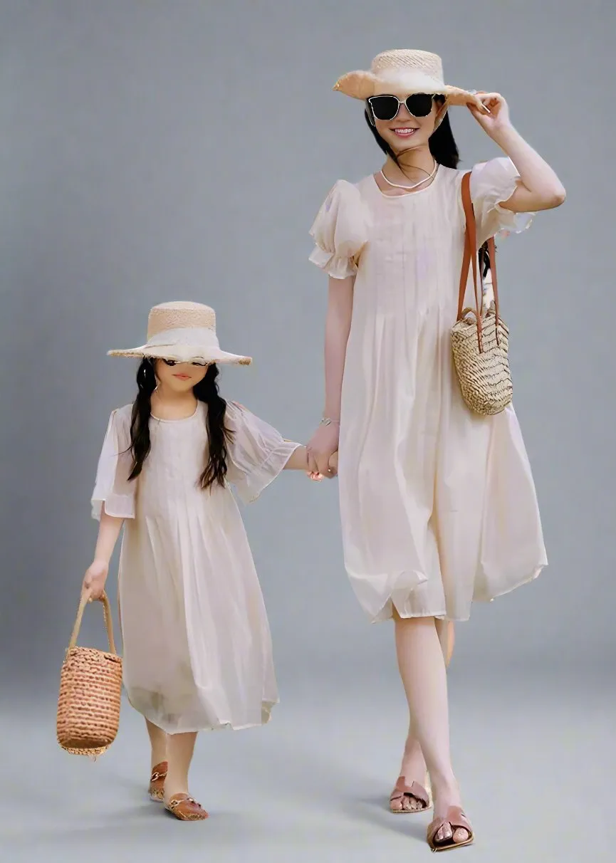 Elegant Beige Chiffon Family Matching Dresses  Mother & Daughter Summer Outfits