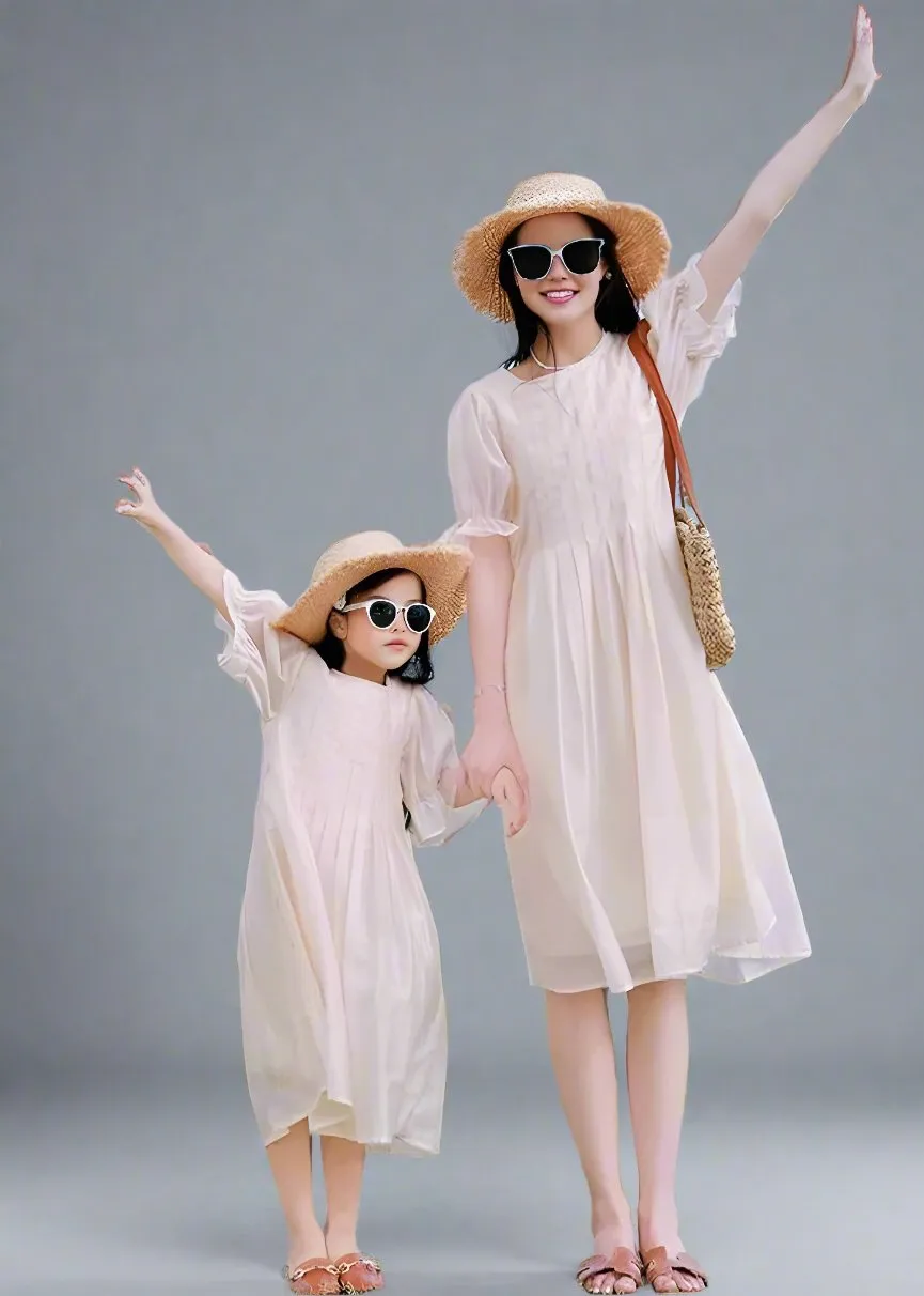 Elegant Beige Chiffon Family Matching Dresses  Mother & Daughter Summer Outfits