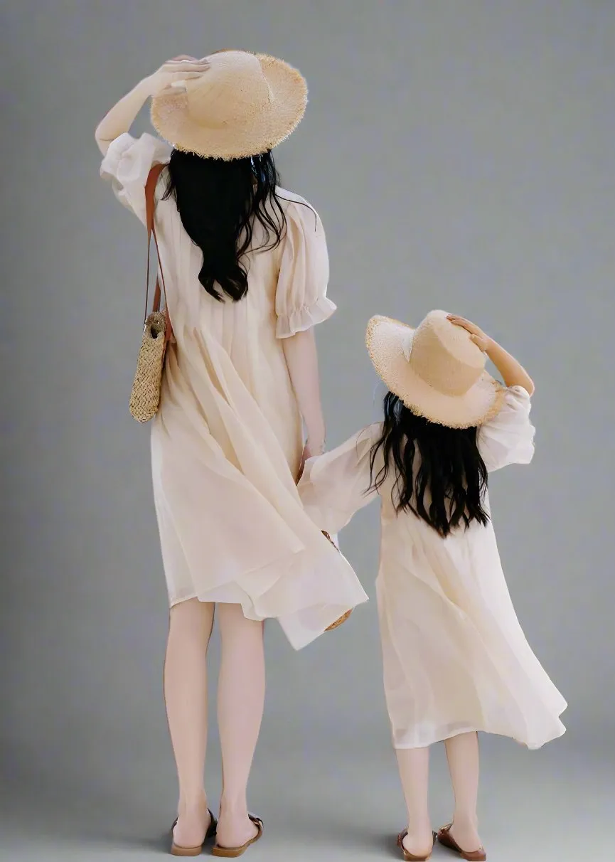 Elegant Beige Chiffon Family Matching Dresses  Mother & Daughter Summer Outfits