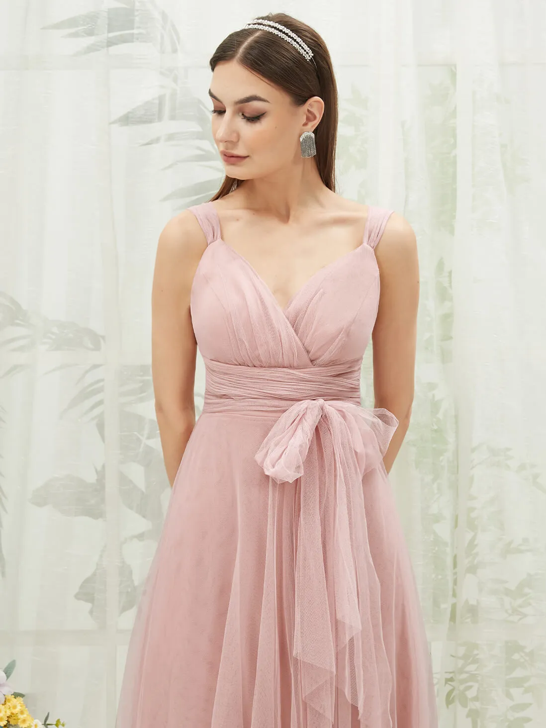 [Final Sale] Dusty Pink Sleeveless V-Neck Tulle Maxi Bridesmaid Dress Evening Gown