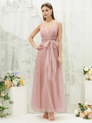 [Final Sale] Dusty Pink Sleeveless V-Neck Tulle Maxi Bridesmaid Dress Evening Gown