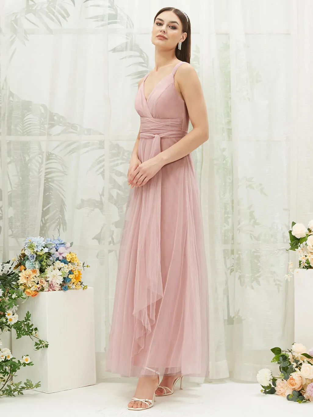[Final Sale] Dusty Pink Sleeveless V-Neck Tulle Maxi Bridesmaid Dress Evening Gown