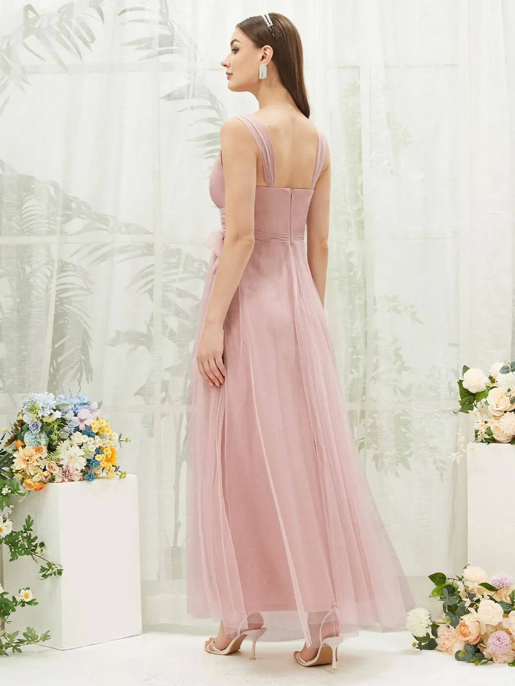 [Final Sale] Dusty Pink Sleeveless V-Neck Tulle Maxi Bridesmaid Dress Evening Gown