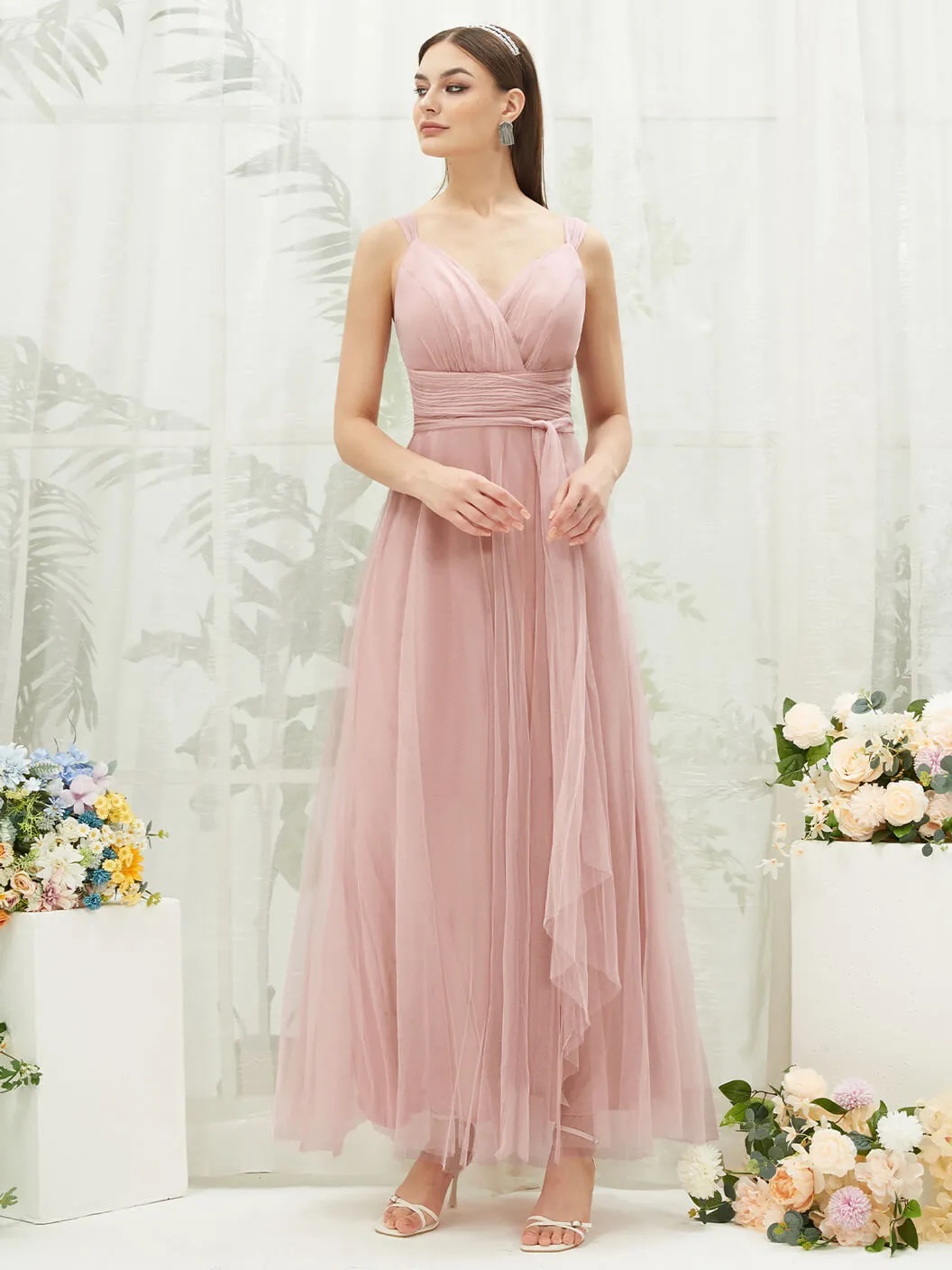 [Final Sale] Dusty Pink Sleeveless V-Neck Tulle Maxi Bridesmaid Dress Evening Gown