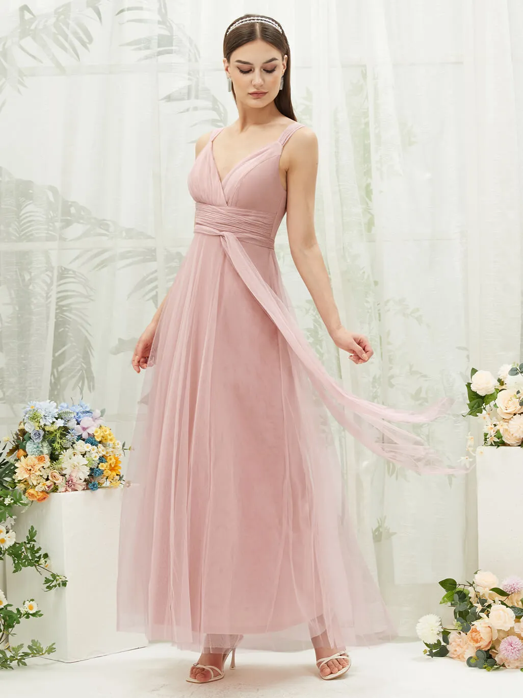 [Final Sale] Dusty Pink Sleeveless V-Neck Tulle Maxi Bridesmaid Dress Evening Gown