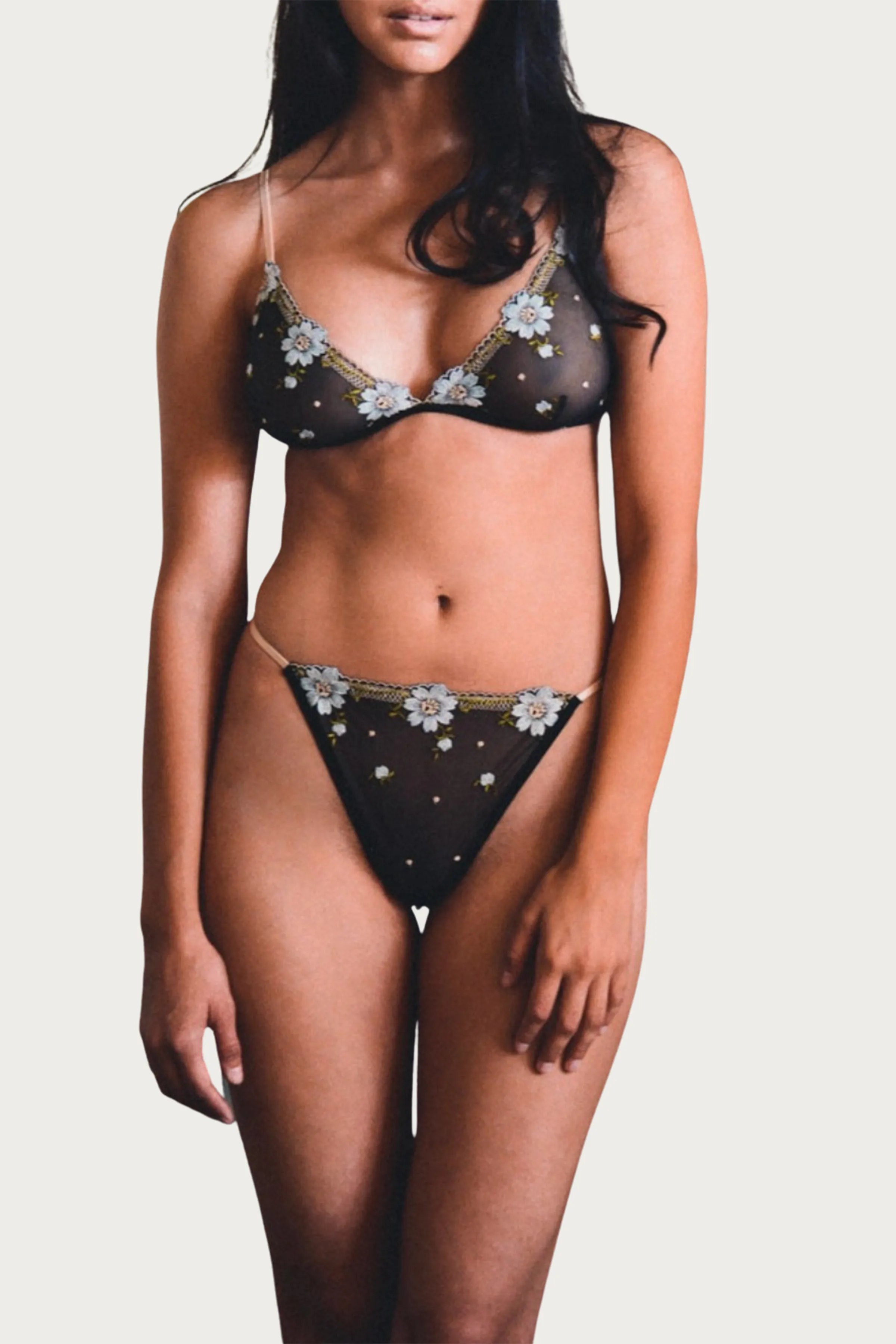 FLORAL-EMBROIDERED MESH TULLE THONG