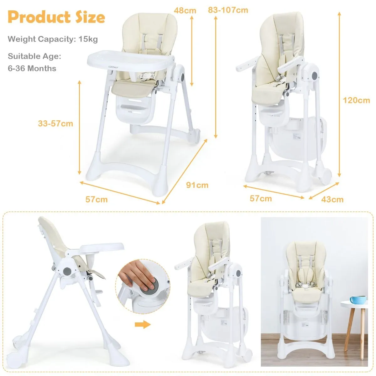 Folding & Reclining Baby High Chair | 6 Height Adjustable | 5 Point Harness | Low Chair | 6m