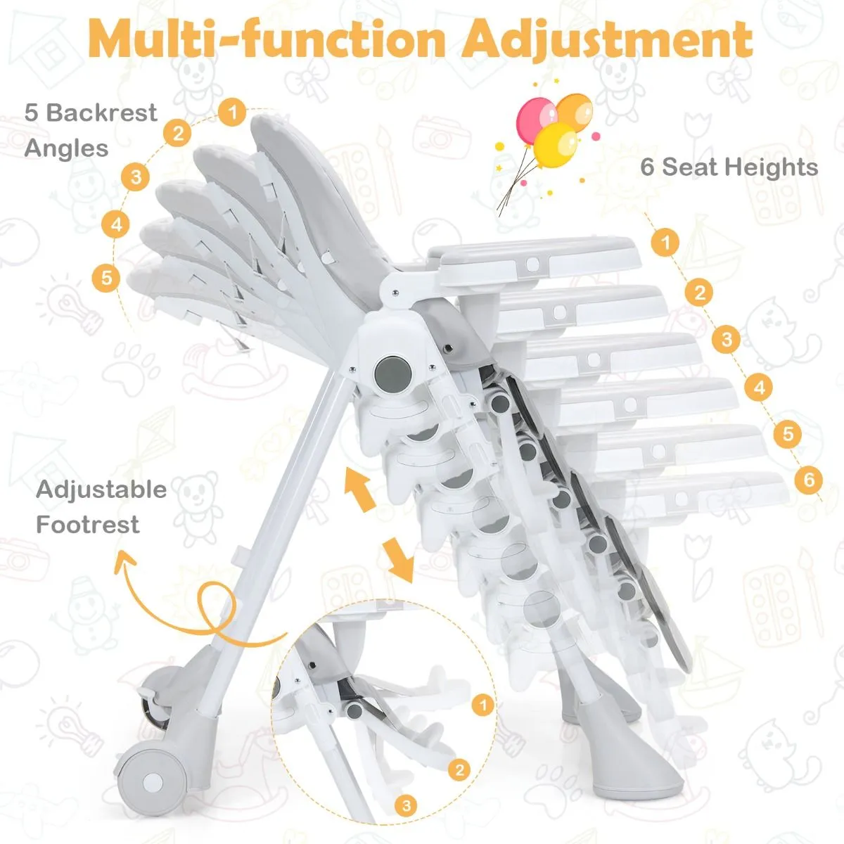 Folding & Reclining Baby High Chair | 6 Height Adjustable | 5 Point Harness | Low Chair | 6m