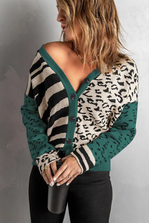 Green Animal Print Button Front Cardigan