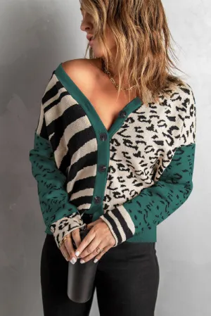 Green Animal Print Button Front Cardigan