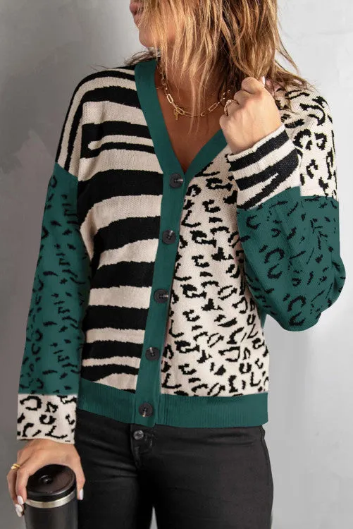 Green Animal Print Button Front Cardigan