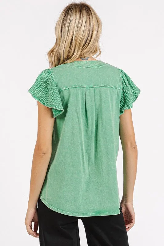 Green Mix Media Ruffle Short Sleeve Mineral Wash Top