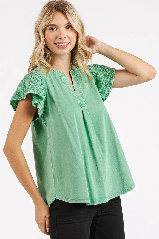 Green Mix Media Ruffle Short Sleeve Mineral Wash Top