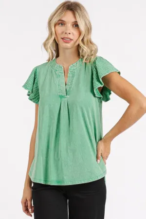 Green Mix Media Ruffle Short Sleeve Mineral Wash Top